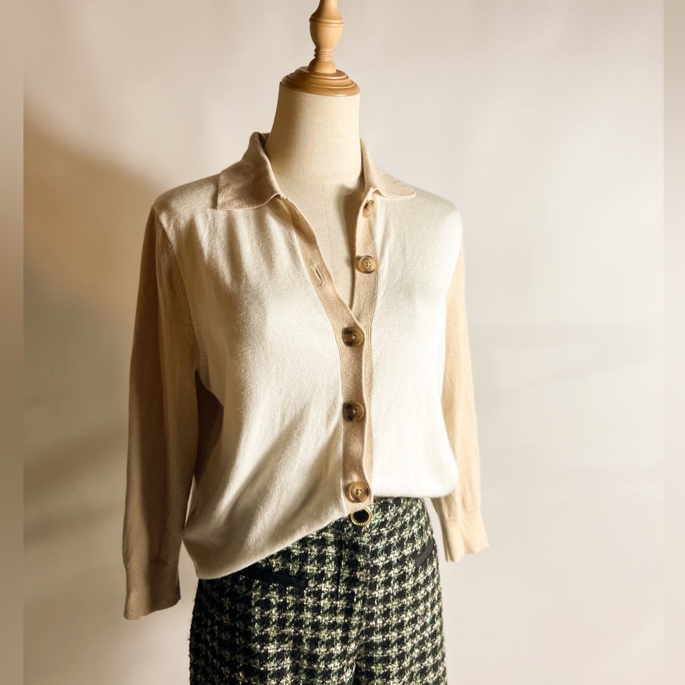 ANN TAYLOR Old Money Polo Cardigan Tan White 3/4 Sleeve Womens Small